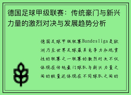 德国足球甲级联赛:传统豪门与新兴力量的激烈对决与发展趋势分析 德国足球甲级联赛:传统豪门与新兴力量的激烈对决与发展趋势分析